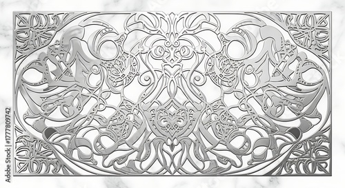 Vector illustration of intricate silver filigree metalwork with ornate floral and animal motifs, set against a marbled background