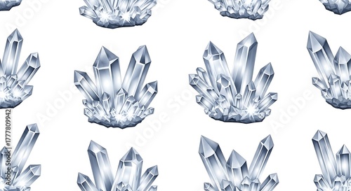 Vector illustration of seamless pattern of clear quartz crystal clusters on a white background, isolated on white background