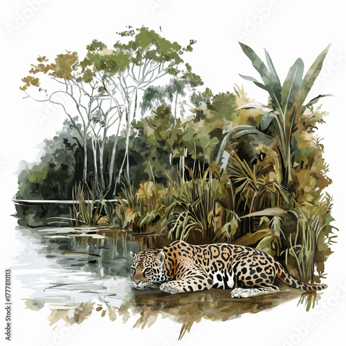 Cuyabeno Wildlife Reserve. Cuyabeno Wildlife Reserve hand drawn watercolor illustration