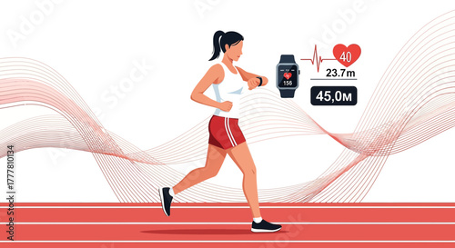 Woman running checking fitness tracker with health data and abstract red lines on a track