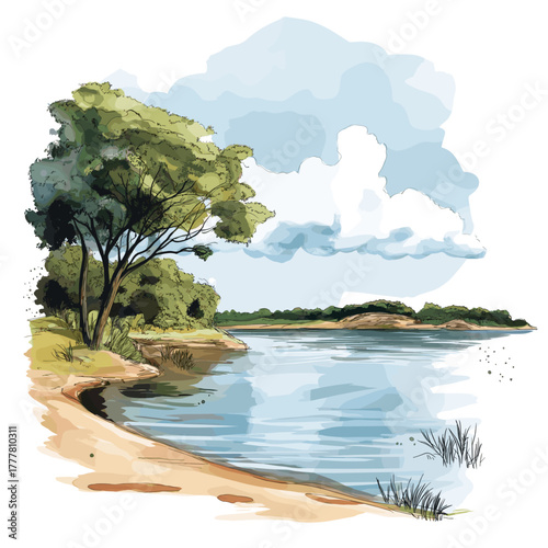 Lake Ypacarai. Lake Ypacarai hand drawn watercolor illustration