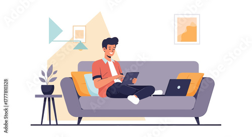 Young man using digital devices, working from home on sofa, enjoying online communication