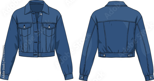 Cropped denim jacket, front and back view, fashion garment, buttoned cuffs, chest pockets, waistband tabs, stylish outerwear, apparel design, clothing construction, trendy silhouette