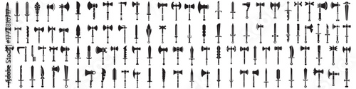 Set of nine cyberpunk weapons, swords, maces, axes. Homemade weapons made of nails, pipes, fittings, etc. Cold cyberpunk weapons. Vector Black silhouettes. with white background