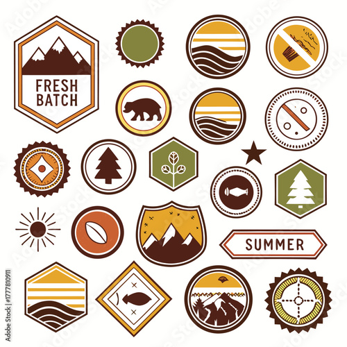 Outdoor Adventure Emblem Assortment With Mountains Bears Fish And Trees Keywords outdoor, adventure.