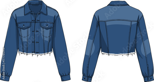Cropped denim jacket, front and back view, frayed hem, buttoned cuffs, chest pockets, washed blue, casual fashion, garment design, stylish outerwear