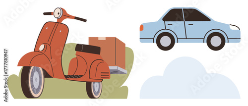 Red scooter carrying a package alongside a blue sedan above light clouds, symbolizing transportation contrast and urban delivery. Ideal for logistics, travel, mobility, urban lifestyle, retro-modern