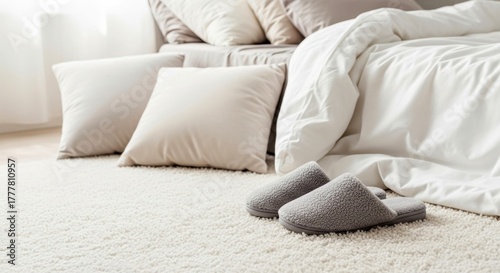 Fototapeta Naklejka Na Ścianę i Meble -  Cozy bedroom scene featuring plush slippers on soft carpet, surrounded by decorative pillows and a neatly made bed, creating a warm and inviting atmosphere for relaxation