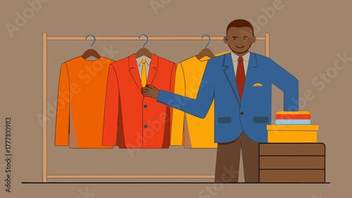 Dry cleaning worker handling garments, professional and organized, in a clothing service environment