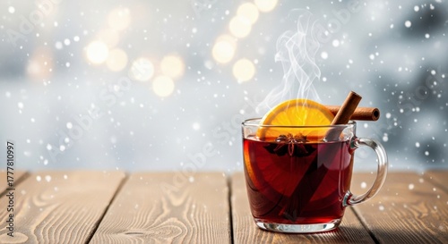 Warm spiced beverage in a glass mug with orange slice and cinnamon stick, resting on a wooden table, surrounded by soft bokeh lights and falling snowflakes, evoking cozy winter atmosphere