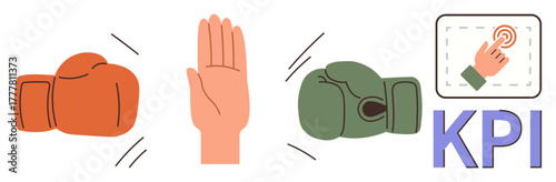 Orange and green boxing gloves, raised hand signaling stop, hand clicking KPI dashboard icon. Ideal for business strategy, conflict management, teamwork, decision-making, leadership, performance