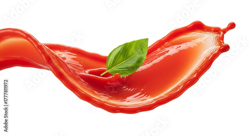 A vibrant splash of tomato sauce isolated on transparent background, gracefully curving with a fresh basil leaf, capturing the essence of italian cuisine and culinary delight, ideal for foodrelated pr