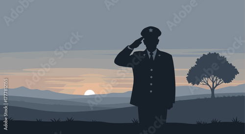 Soldier saluting at sunset on Veterans Day, symbolizing respect and remembrance, ideal for commemorative materials and educational content