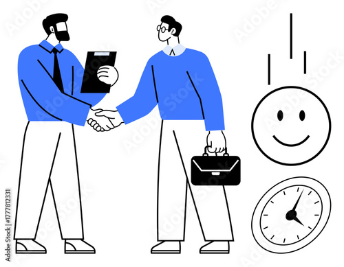 Two professionals shaking hands, one holding a document and the other a briefcase, with a happy face and clock nearby. Ideal for business, partnership, trust, success, teamwork, collaboration