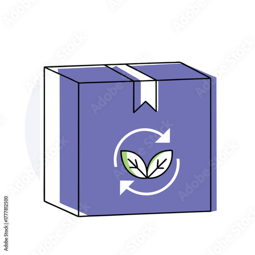 Sustainable packaging solution with eco friendly recycling symbol and green leaves on purple box