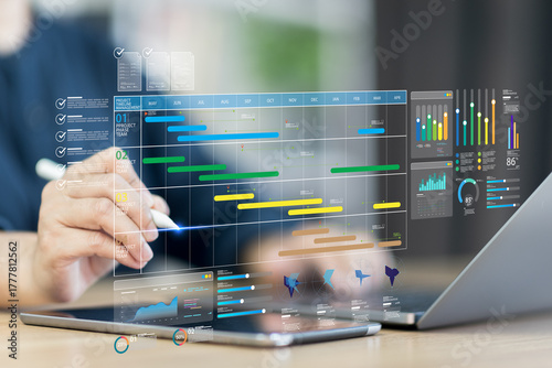 Business timeline shows project management workflow with chart, schedule, and task update, connecting people, tool and system for effective plan, forecasting and quality work