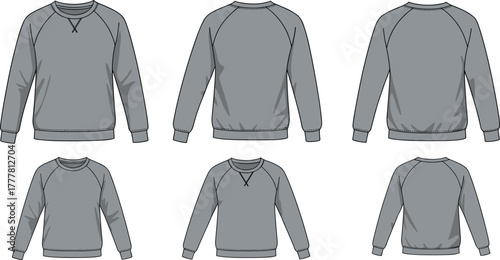 Gray sweatshirt front, side, back view, raglan sleeve, crew neck, casual wear, fleece texture, fashion flat sketch, apparel design