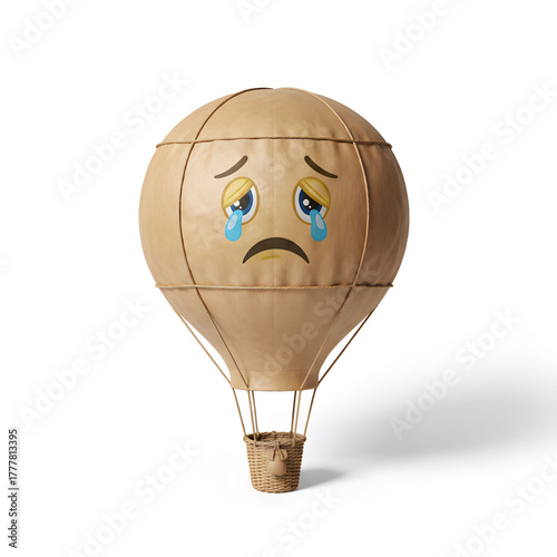 Sad Hot Air Balloon with Tears Floating Above on a White Background