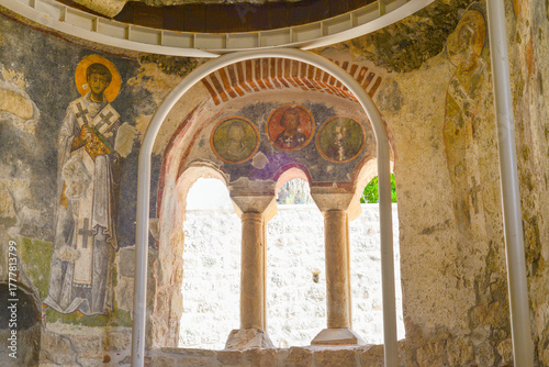 Medieval frescos in the St. Nicholas church in Myra. Demre, Antalya, Turkey. Byzantine wall-painting. History of religion and art concept