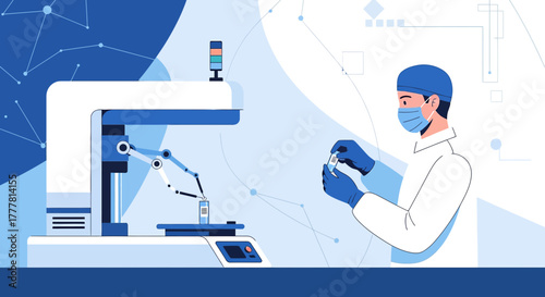Advanced pharmaceutical research illustration featuring automated robotic analysis system and