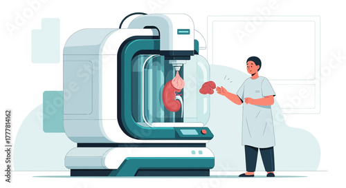 Advanced medical technology illustration featuring a 3D printer constructing human organs