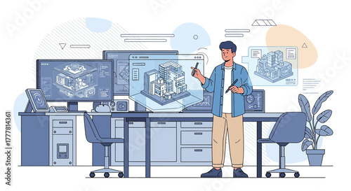 Architect designing building model on computer software in creative design studio