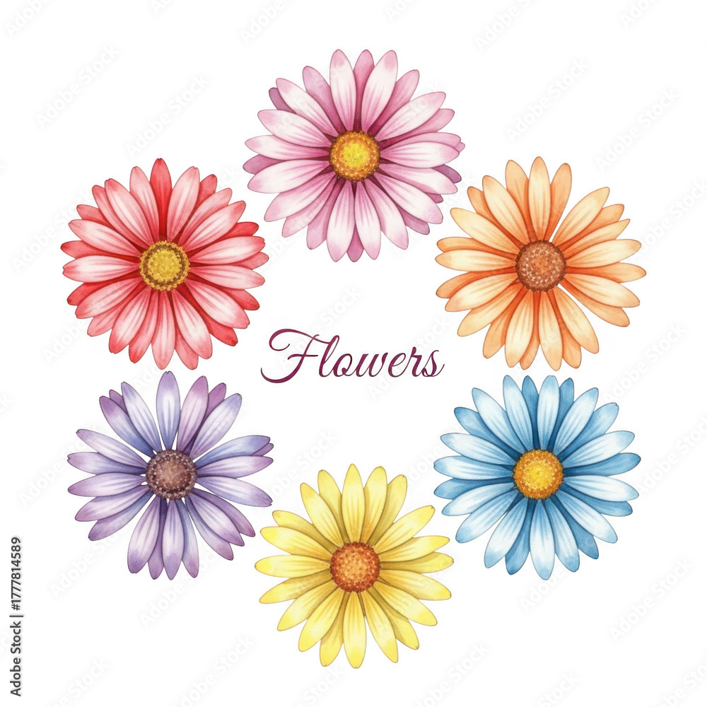 Fototapeta premium Colorful daisy flower wreath arrangement petals bloom nature floral graphic design isolated on transparent background