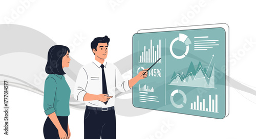 Business presentation with financial chart analysis, illustrated by professionals  presenting