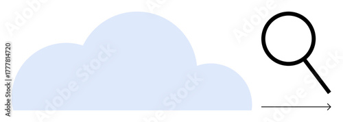 Blue cloud shape and magnifying glass with arrow indicate data exploration, analysis, and technology innovation. Ideal for cloud computing, search, research, network, optimization simplicity. Clean