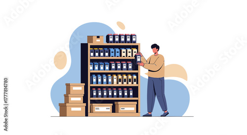 Cartoon illustration depicting inventory management in a warehouse or retail setting with a person