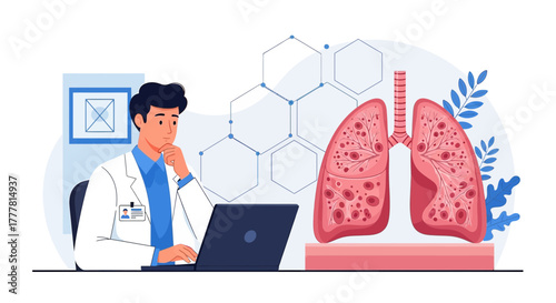 Conceptual Illustration of a Doctor Analyzing Lung Health Data on a Laptop in Office Setting