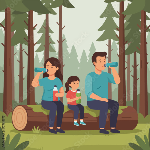 A family of three, including a mother, father, and young child, sitting on a fallen log in a lush green forest, hydrating themselves by drinking water from bottles.