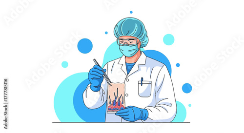 Detailed medical illustration of dermatologist researching skin conditions in laboratory setting