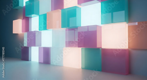 透明な立方体が並ぶ美しい光の壁　パステルカラーの近未来アート
