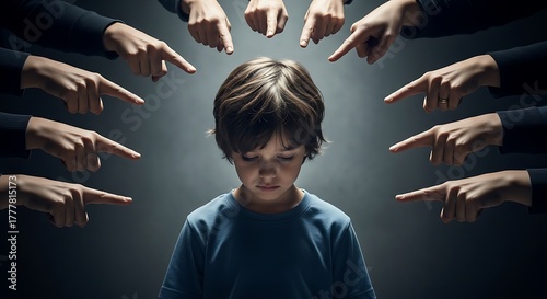Bullying and Guilt A Young Boy Under Scrutiny with Pointing Fingers
