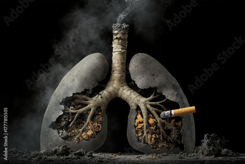 Conceptual image of smoking effects on human lungs with ash and cigarette