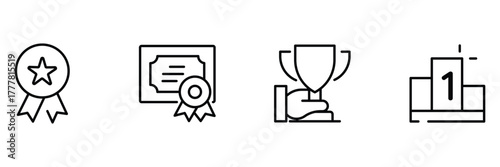 Award badge, certificate ribbon, hand trophy, podium winner icon set, prize achievement vector illustration, outline minimal recognition art.