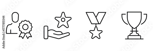 Winner prize person, hand star recognition, medal badge, champion trophy icon set, award achievement vector illustration, outline minimal art.
