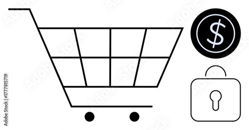 Minimalistic shopping cart with dollar sign and secure lock symbolizing protection, transactions, and retail. Ideal for e-commerce, payment platforms, online security, retail, finance, transactions