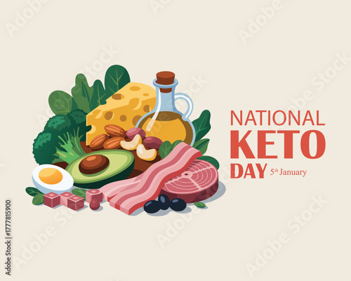 National Keto Day vector. High fat, low carb diet vector. Foods good for the ketogenic diet drawing. Healthy fat foods still life icon vector. January 5.