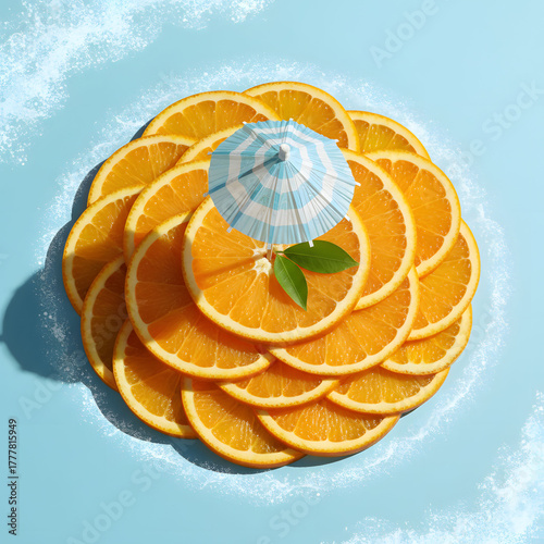 Vibrant Circular Orange Slice Arrangement with Miniature Umbrella