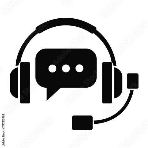 Black silhouette icon of a headset with an attached microphone and an internal speech bubble for communication and support.
