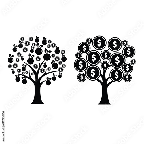 Two silhouette money trees with dollar coin fruit and leaves, illustrating financial growth and investment.
