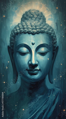 Majestic Buddha Atomic Oil Painting Portrait with Cosmic Glow in Cool Teal Tones 