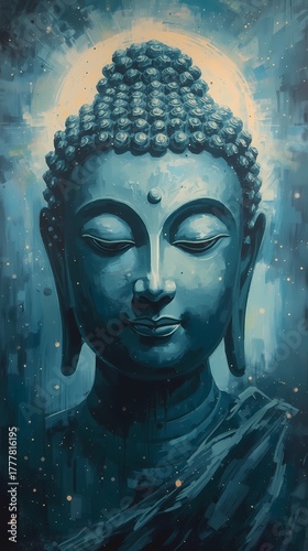 Majestic Buddha Atomic Oil Painting Portrait with Cosmic Glow in Cool Teal Tones 