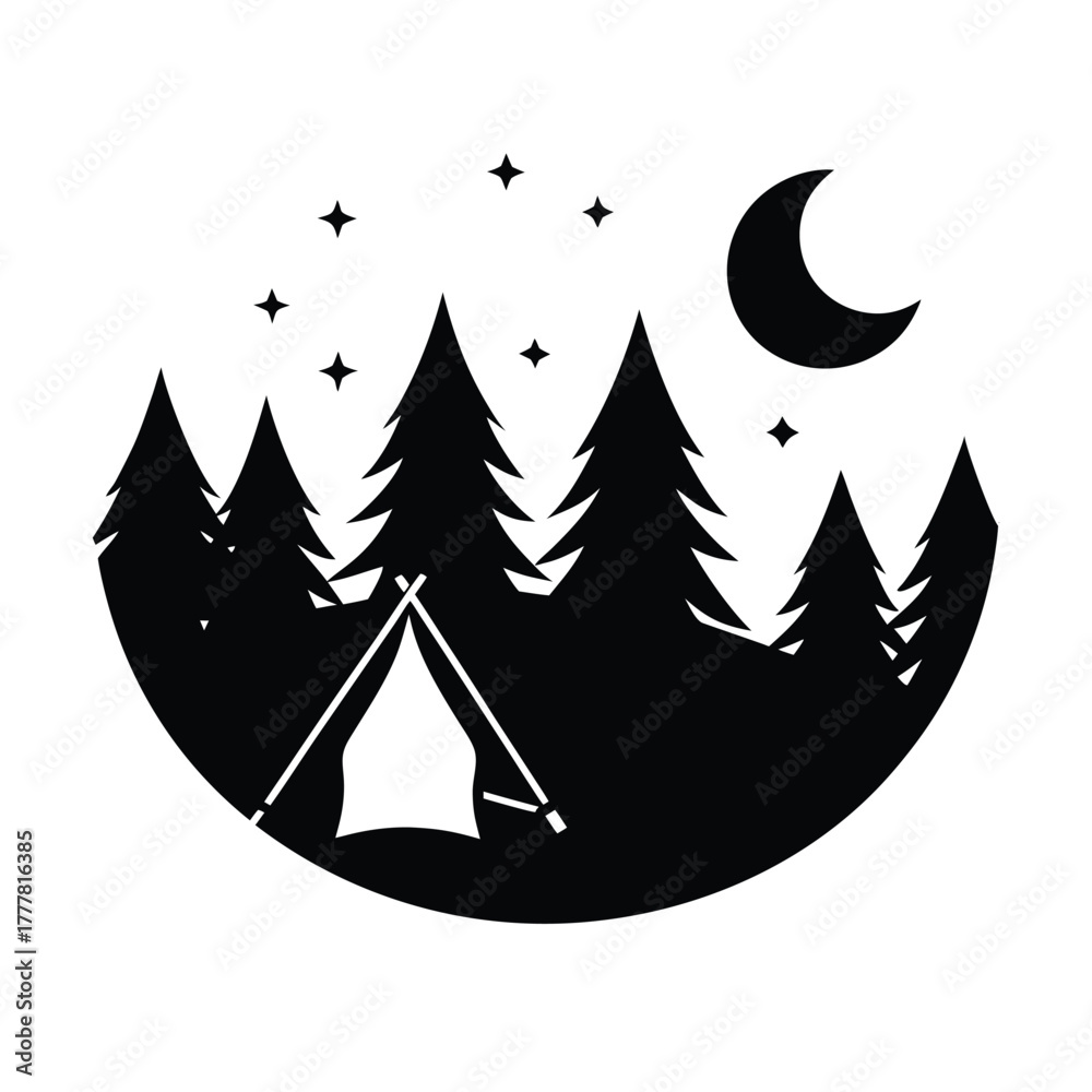 Obraz premium Silhouette of Camping Near Bonfire on White Background