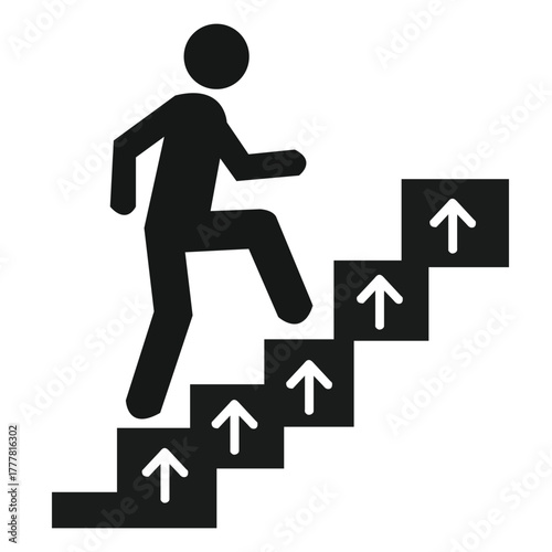 Stick figure person climbing up a staircase with upward arrows, symbolizing career advancement and progress.
