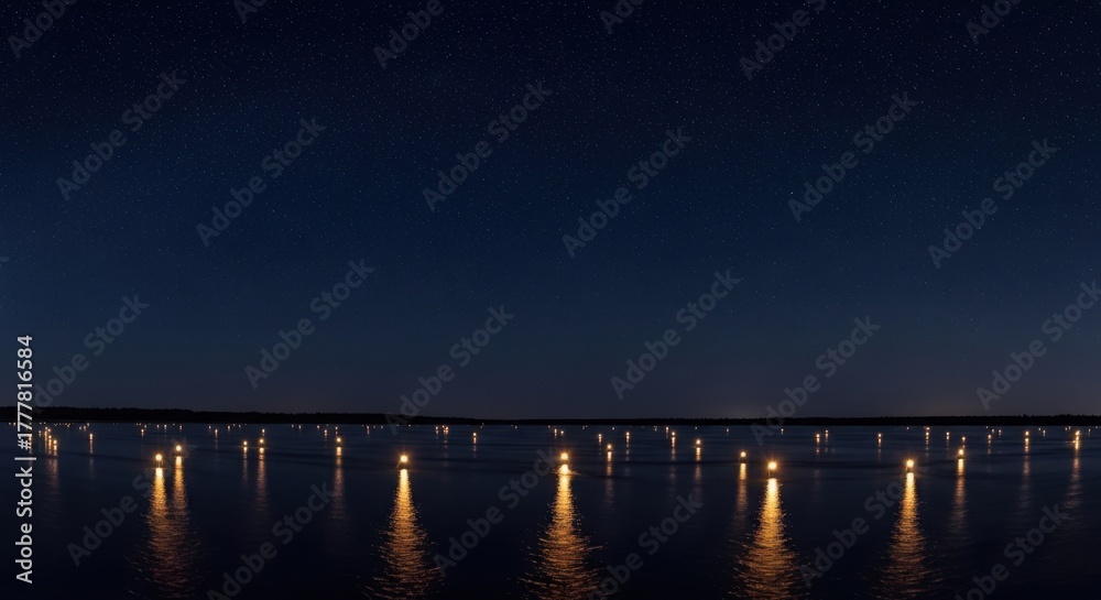 Fototapeta premium Night Landscape with Glowing Lights: Serene Lake or Ocean at Dusk with Numerous Artificial Lights Reflected on Water Surface Under Starry Sky
