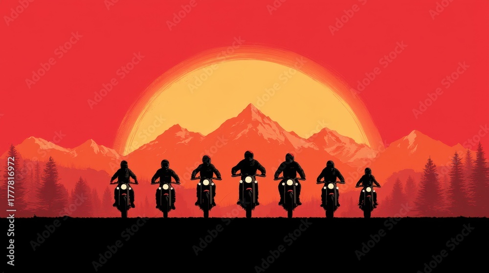 Fototapeta premium Vivid Sunset Ride: Dark Outlines of Motorcyclists Against a Fiery Evening Sky with Majestic Mountains in the Background