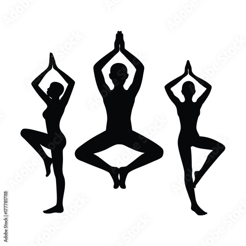 Silhouette of Yoga Positions on White Background